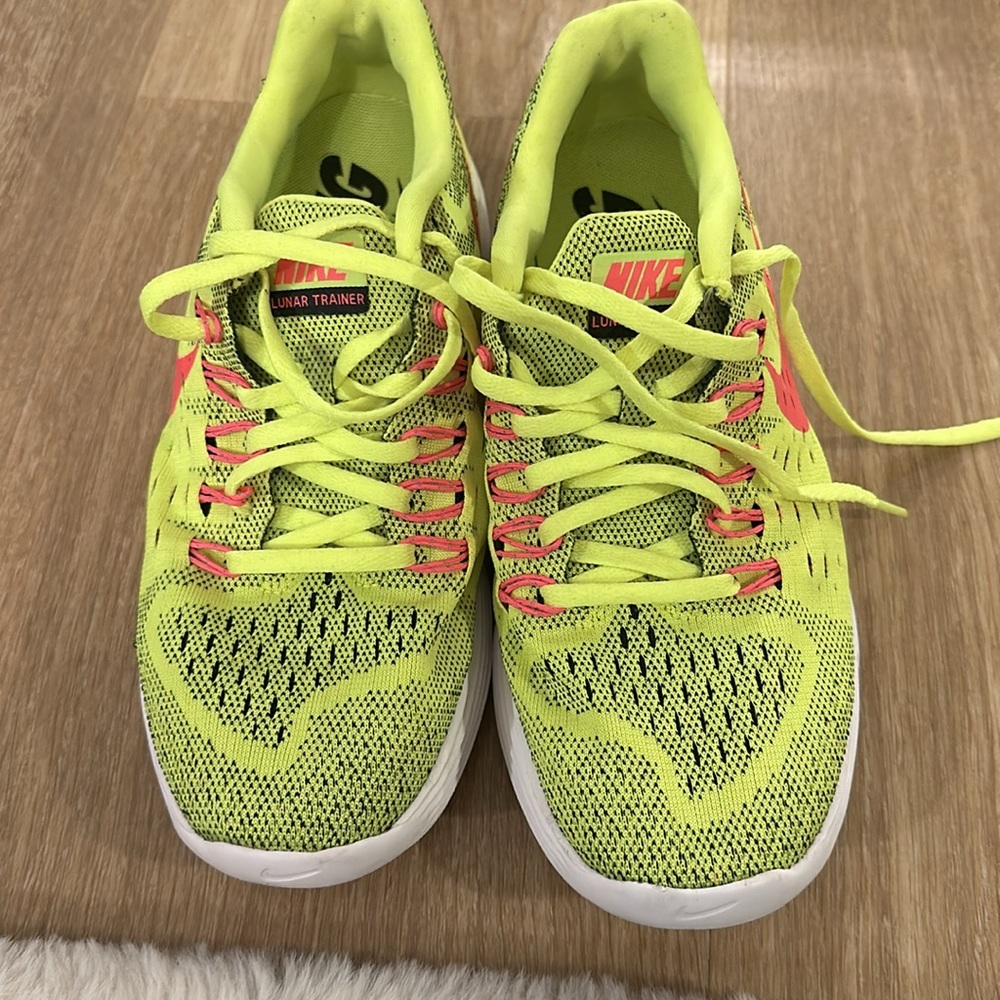 Neon green and pink Nike sneakers